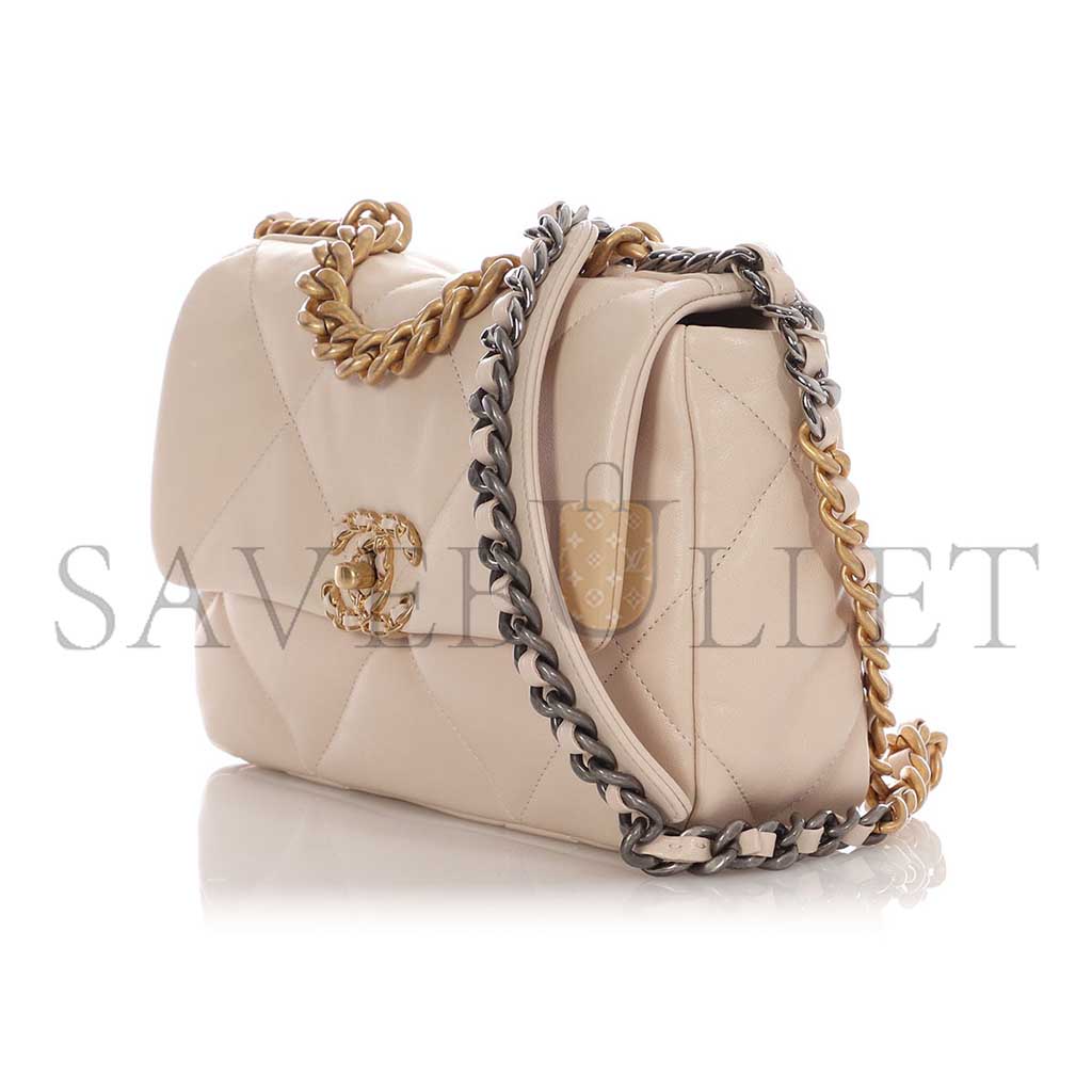 CHANEL ECRU QUILTED LAMBSKIN CHANEL 19 FLAP BAG MIXED HARDWARE AS1160 (26*16*9cm)